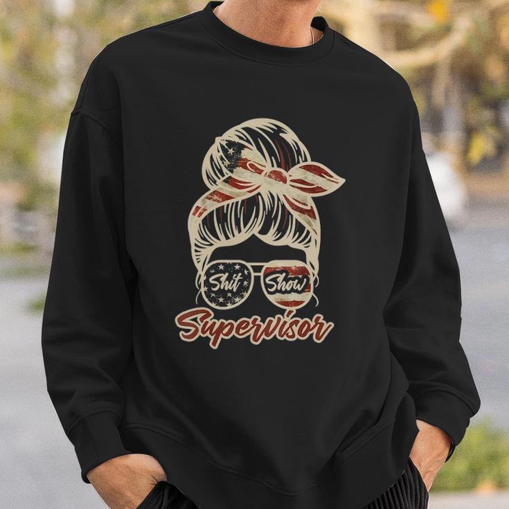 Womens Shit Show Supervisor Funny Messy Bun Usa Us Flag Sunglasses V-Neck Sweatshirt Gifts for Him