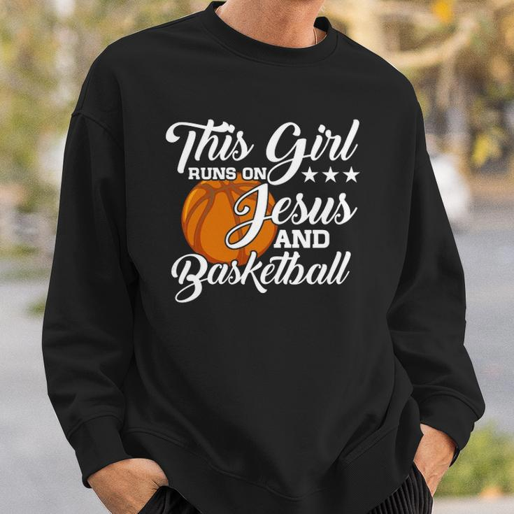 Womens This Girl Runs On Jesus And Basketball Christian Gift Sweatshirt Gifts for Him