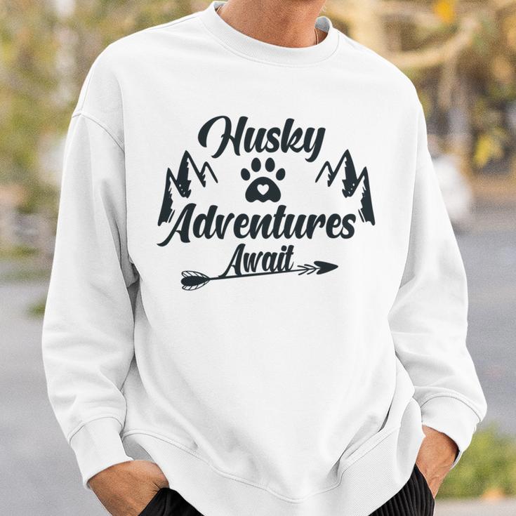 Husky Adventure Await Siberian Husky Adventures Hiking With Huskies Gift For Husky Lover V2 Sweatshirt Gifts for Him