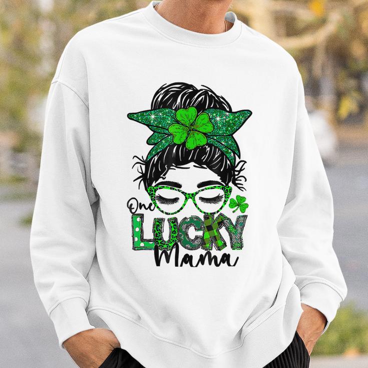 One Lucky Mama Messy Bun Shamrock St Patricks Day Sweatshirt Gifts for Him