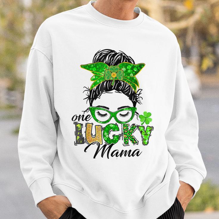 One Lucky Mama St Patricks Day Irish Shamrock Messy Bun Mom Sweatshirt Gifts for Him