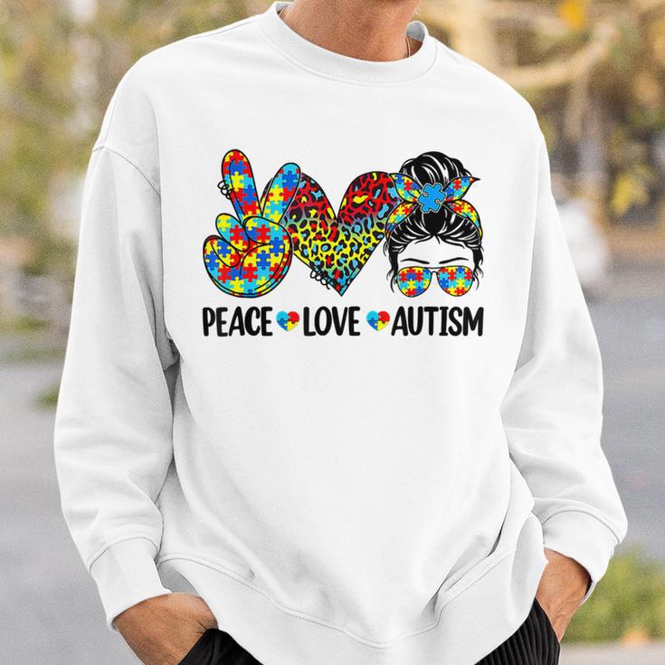 Peace Love Autism Mom Life Messy Bun Blue Autism Awareness Sweatshirt Gifts for Him