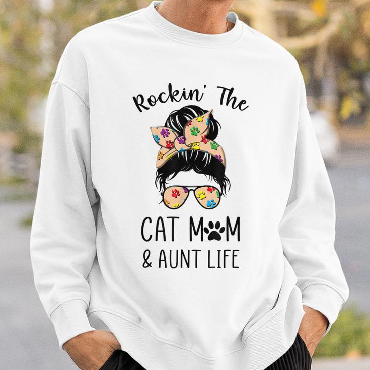 Rockin The Cat Mom & Aunt Life Messy Bun Hair Glasses Sweatshirt Gifts for Him