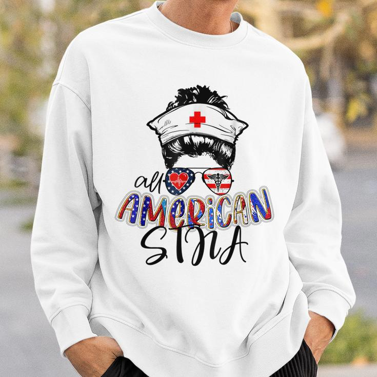 Stna All American Nurse Messy Buns Hair 4Th Of July Day Usa Sweatshirt Gifts for Him