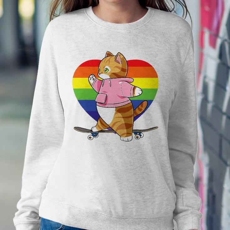 Cute Orange Tabby Cat Skateboarder Rainbow Heart Skater Sweatshirt Gifts for Her