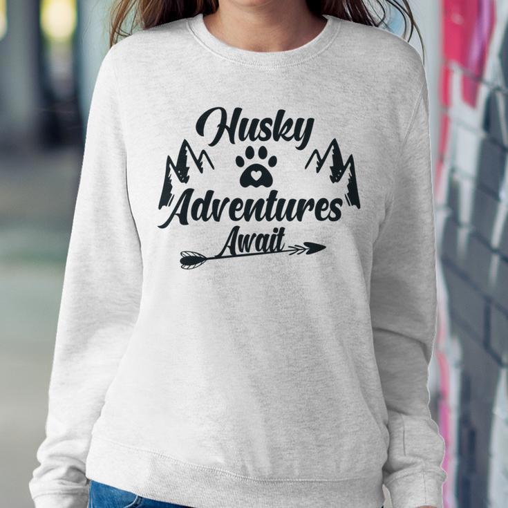 Husky Adventure Await Siberian Husky Adventures Hiking With Huskies Gift For Husky Lover V2 Sweatshirt Gifts for Her