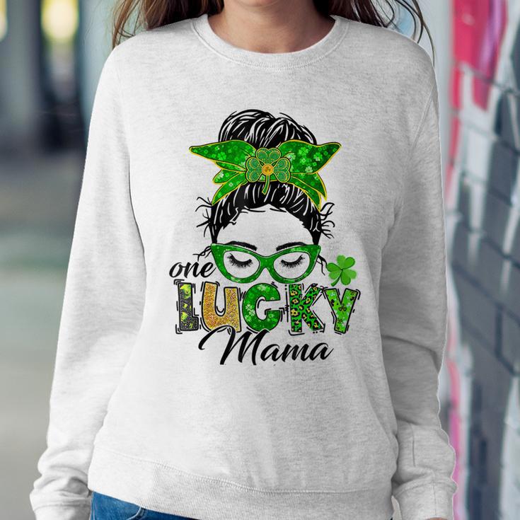 One Lucky Mama St Patricks Day Irish Shamrock Messy Bun Mom Sweatshirt Gifts for Her