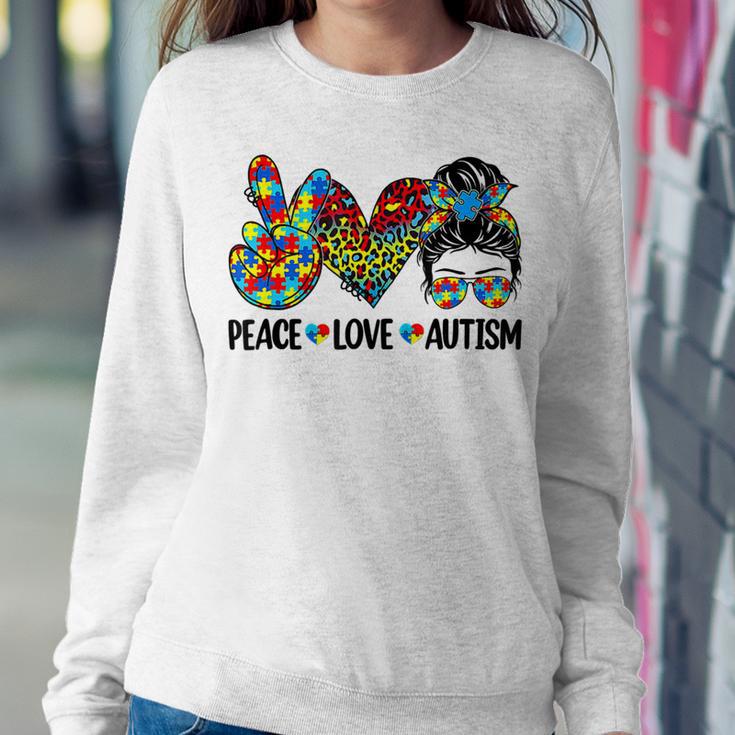 Peace Love Autism Mom Life Messy Bun Blue Autism Awareness Sweatshirt Gifts for Her