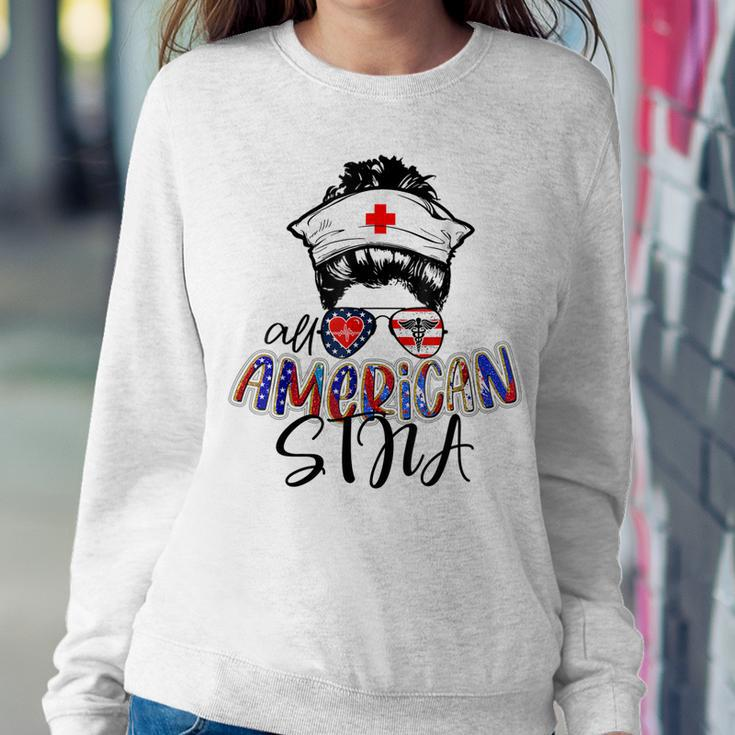 Stna All American Nurse Messy Buns Hair 4Th Of July Day Usa Sweatshirt Gifts for Her