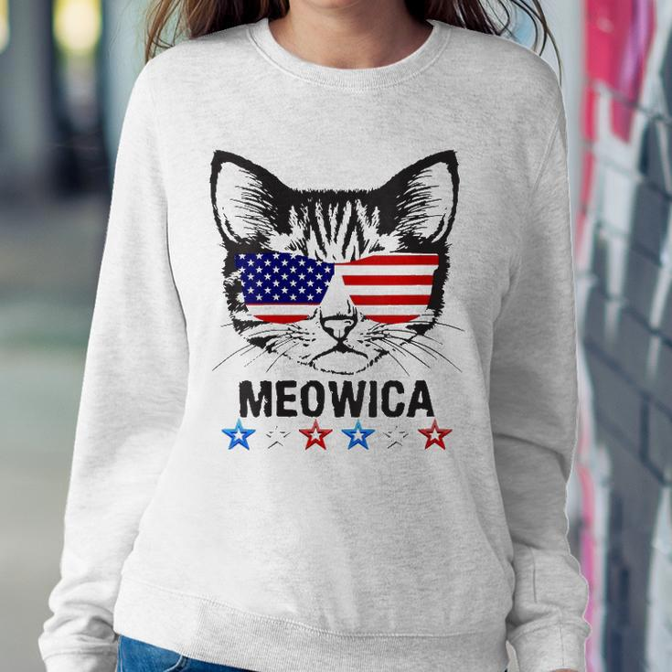 Womens 4Th Of July American Flag Cat Meowica V-Neck Sweatshirt Gifts for Her