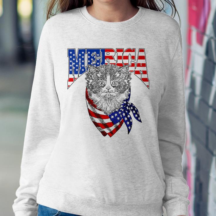 Womens Merica Cat Happy 4Th Of July American Flag Great Family Gift V-Neck Sweatshirt Gifts for Her