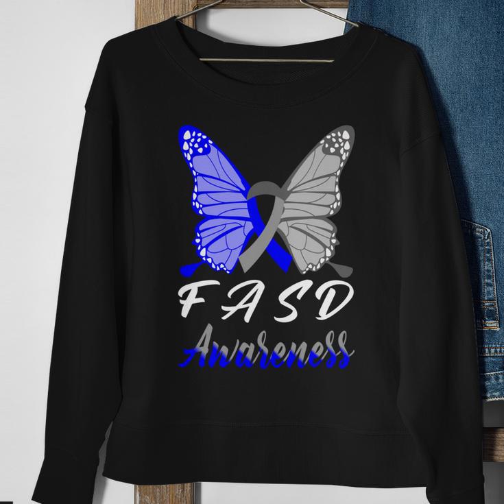 Fasd Awareness Butterfly Blue And Grey Ribbon Fetal Alcohol Spectrum Disorder Fetal Alcohol Spectrum Disorder Awareness Sweatshirt Gifts for Old Women