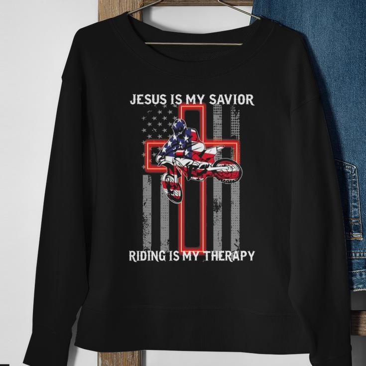 Jesus Is My Savior Riding Is My Therapy Us Flag Sweatshirt Gifts for Old Women