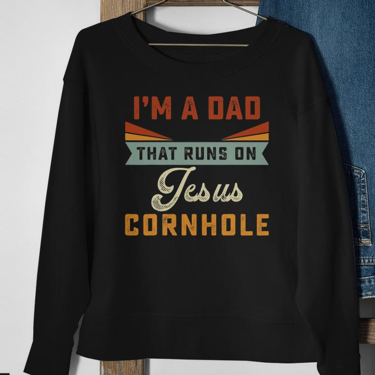 Mens Im A Dad That Runs On Jesus Cornhole Christian Vintage Gift Sweatshirt Gifts for Old Women