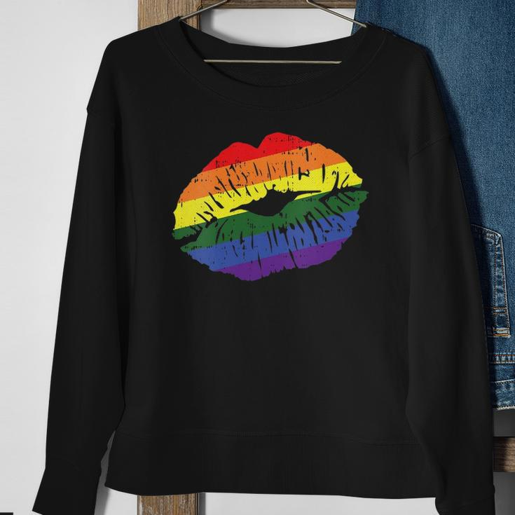 Womens Gay Kiss Rainbow Pride Flag Sexy Lips Proud Lgbt Q Ally Sweatshirt Gifts for Old Women