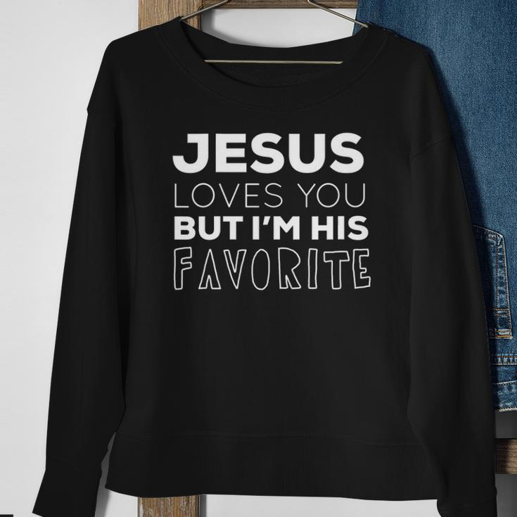 Womens Jesus Loves You But Im His Favorite Funny Christian V Neck Sweatshirt Gifts for Old Women