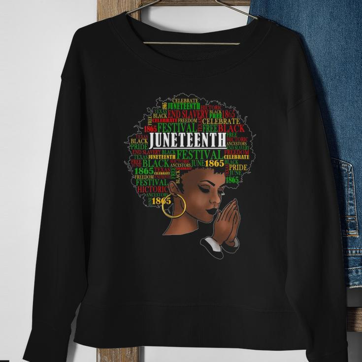 Womens Juneteenth Melanin Black Women Natural Hair Afro Word Art V Neck Sweatshirt Gifts for Old Women