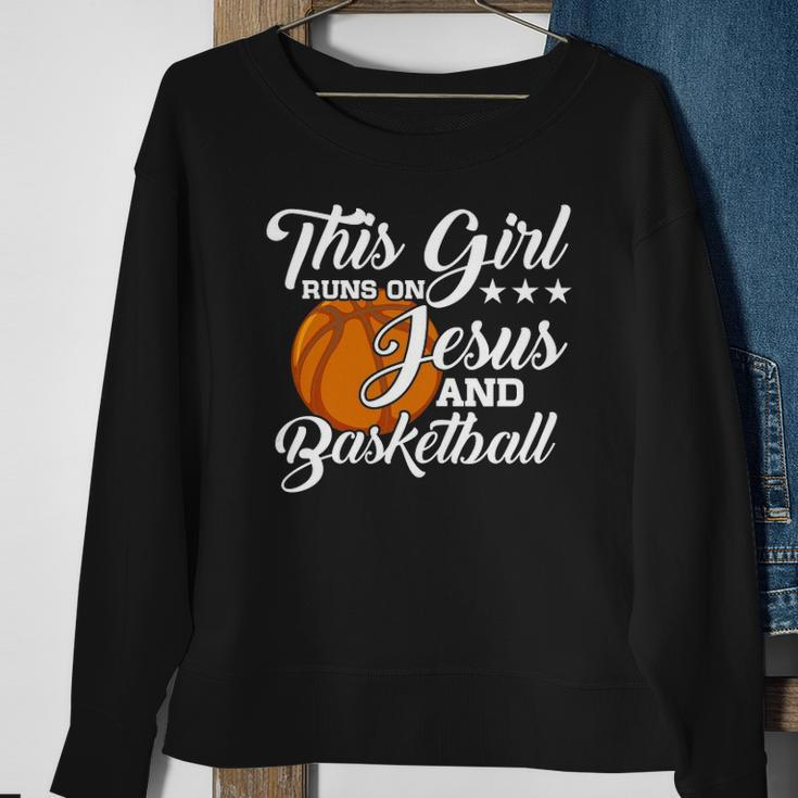Womens This Girl Runs On Jesus And Basketball Christian Gift Sweatshirt Gifts for Old Women