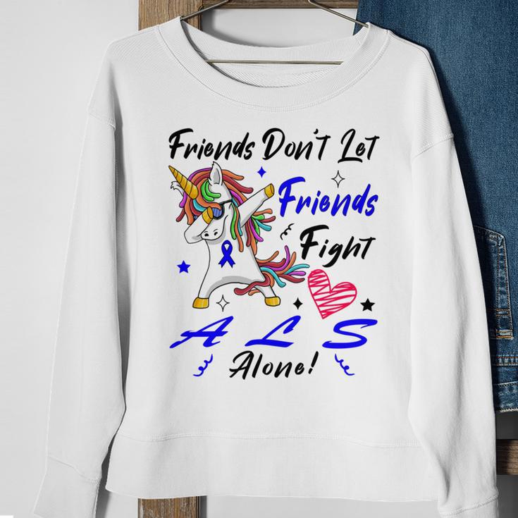 Friends Dont Let Friends Fight Als Alone Unicorn Blue Ribbon Amyotrophic Lateral Sclerosis Support Als Awareness Sweatshirt Gifts for Old Women