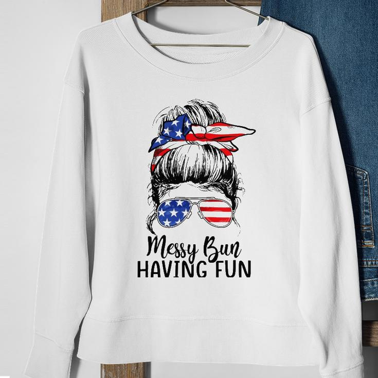 Funny Messy Bun Having Fun American Flag Merica 4Th Of July Sweatshirt Gifts for Old Women