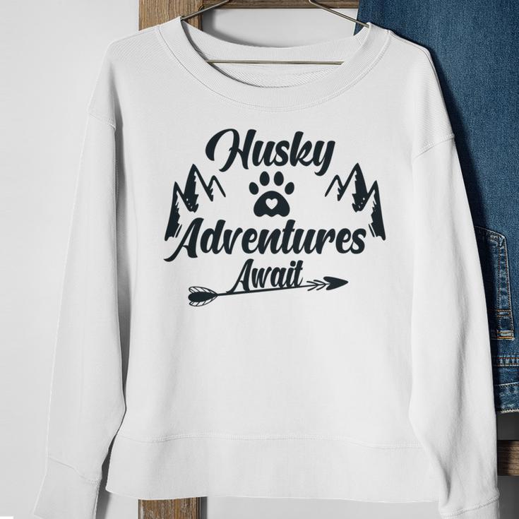 Husky Adventure Await Siberian Husky Adventures Hiking With Huskies Gift For Husky Lover V2 Sweatshirt Gifts for Old Women