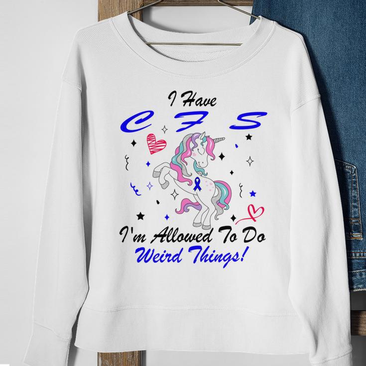 I Have Chronic Fatigue Syndrome Cfs Im Allowed To Do Weird Things Unicorn Blue Ribbon Chronic Fatigue Syndrome Support Cfs Awareness Sweatshirt Gifts for Old Women