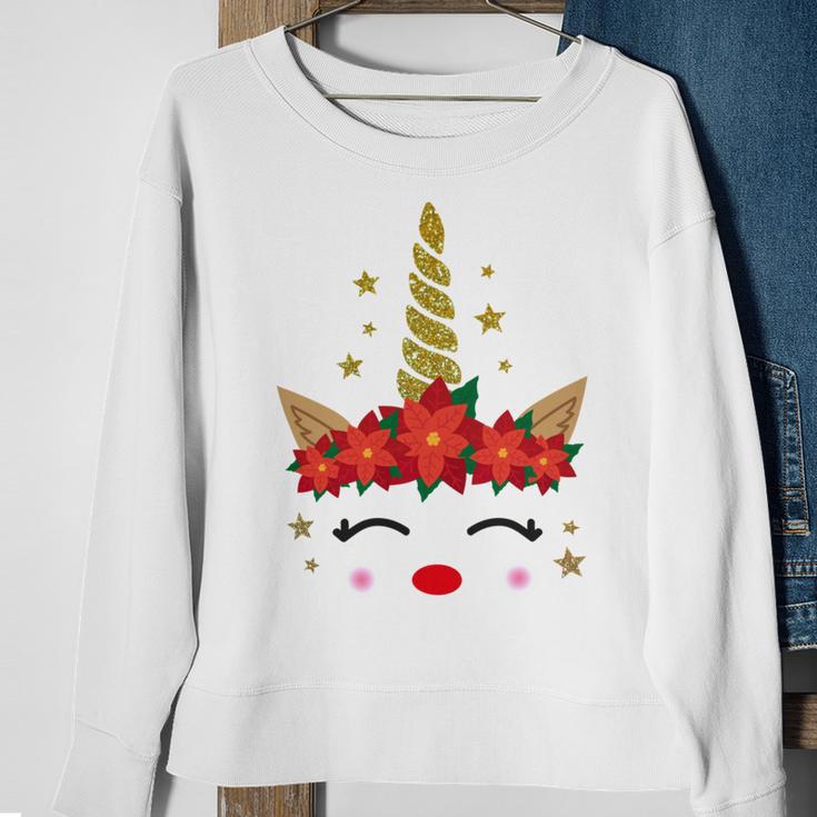 New Christmas Unicorn Face Santicorn Poinsettia Crown Cute Sweatshirt Gifts for Old Women