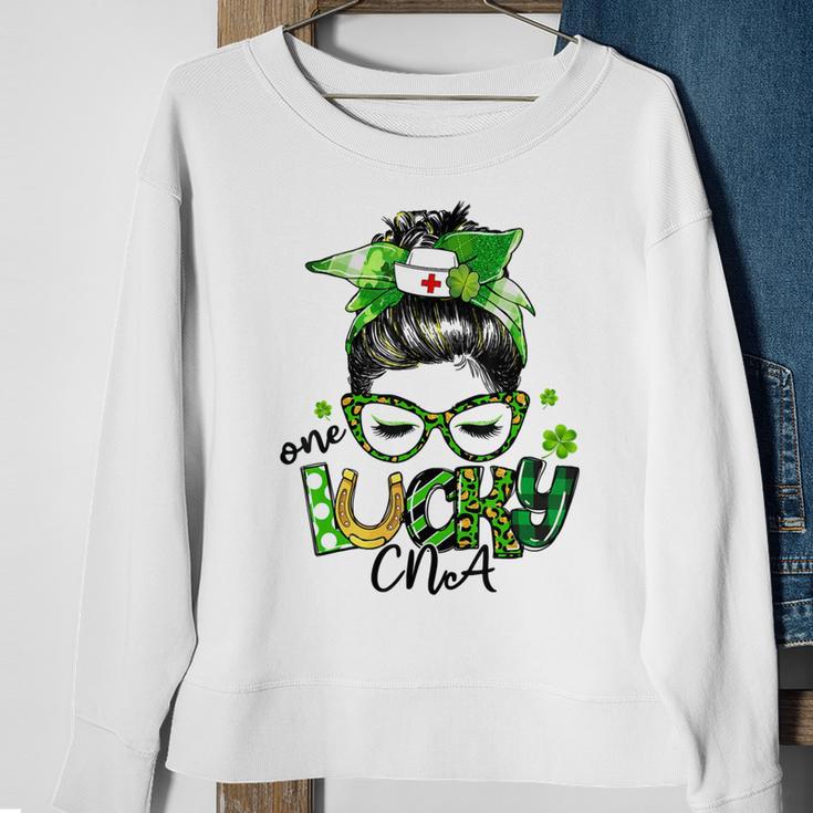 One Lucky Cna Messy Bun Shamrocks St Patricks Day Sweatshirt Gifts for Old Women