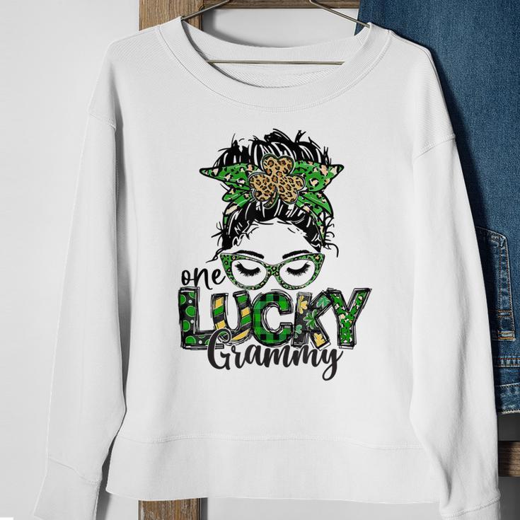 One Lucky Grammy St Patricks Day Messy Bun Leopard Sweatshirt Gifts for Old Women