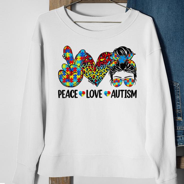 Peace Love Autism Mom Life Messy Bun Blue Autism Awareness Sweatshirt Gifts for Old Women