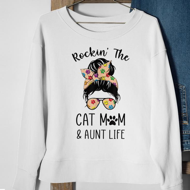 Rockin The Cat Mom & Aunt Life Messy Bun Hair Glasses Sweatshirt Gifts for Old Women