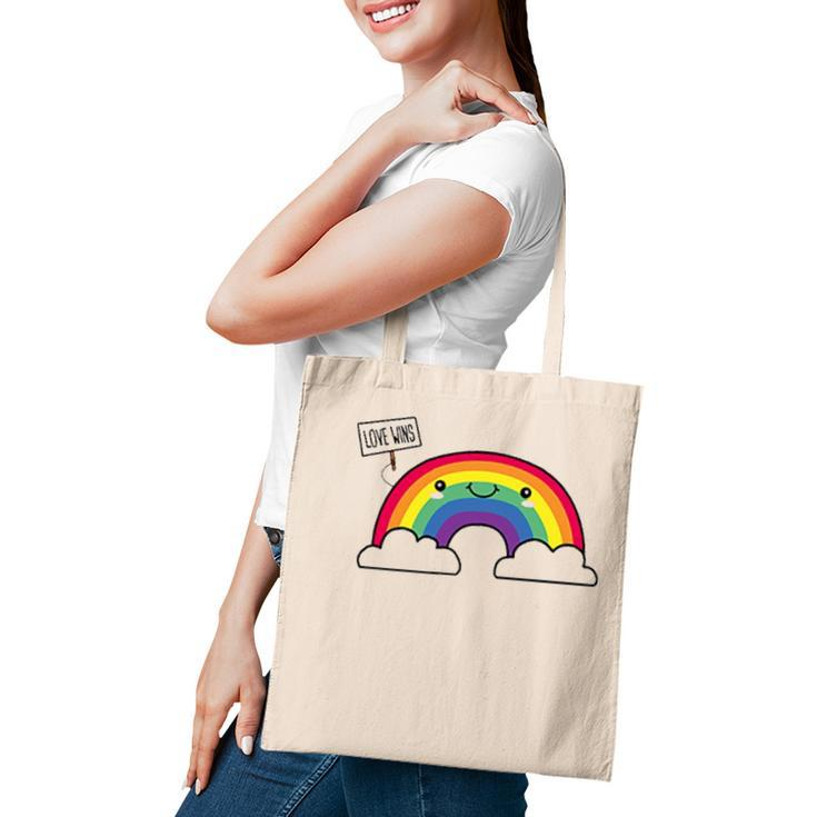 Love Wins Lgbt Kawaii Cute Anime Rainbow Flag Pocket Design Tote Bag
