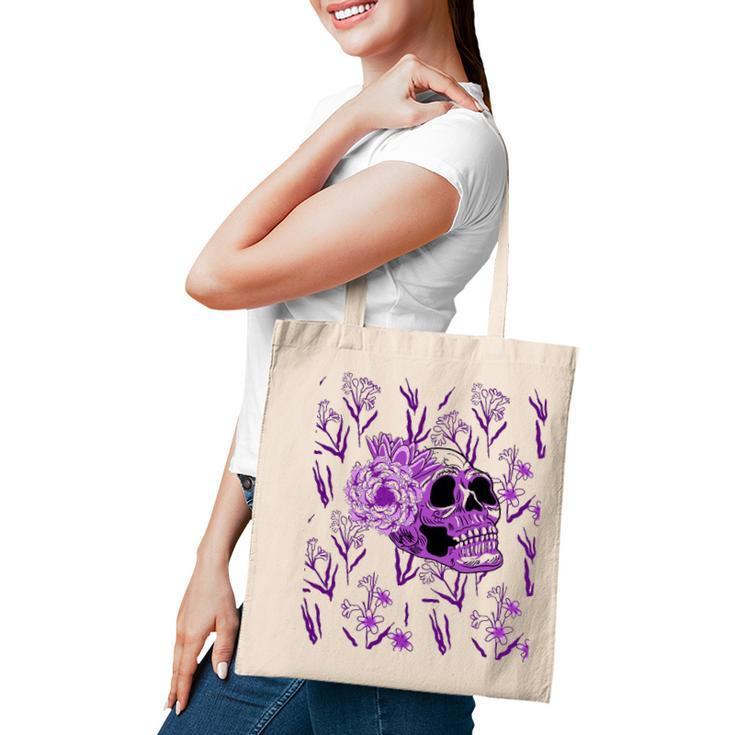 Purple Skull Flower Cool Floral Scary Halloween Gothic Theme Tote Bag