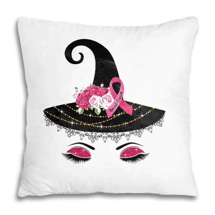 Breast Cancer Witch Hat Pink Ribbon Flower Awareness Month Pillow
