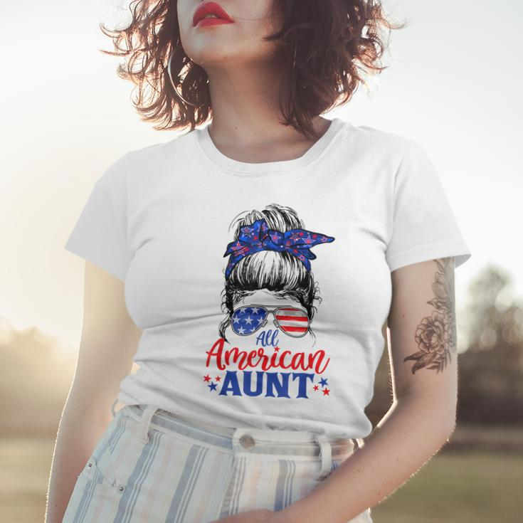 4Th Of July All American Aunt Messy Bun Patriotic Usa Flag Women T-shirt Gifts for Her