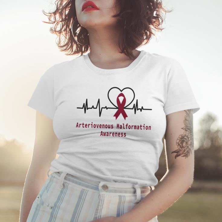 Arteriovenous Malformation Awareness Heartbeat Burgundy Ribbon Arteriovenous Malformation Support Arteriovenous Malformation Awareness Women T-shirt Gifts for Her