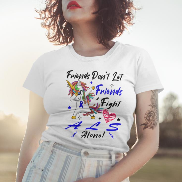 Friends Dont Let Friends Fight Als Alone Unicorn Blue Ribbon Amyotrophic Lateral Sclerosis Support Als Awareness Women T-shirt Gifts for Her