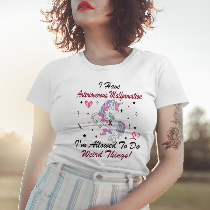 I Have Arteriovenous Malformation Im Allowed To Do Weird Things Funny Unicorn Burgundy Ribbon Arteriovenous Malformation Support Arteriovenous Malformation Awareness Women T-shirt Gifts for Her