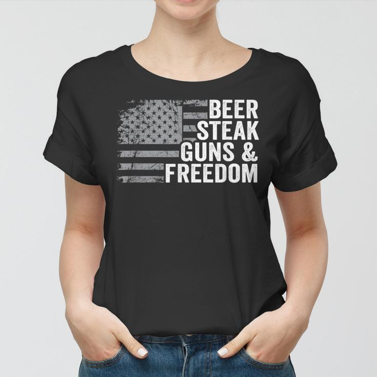 Beer Steak Guns & Freedom - 4Th July Usa Flag Drinking Bbq Women T-shirt
