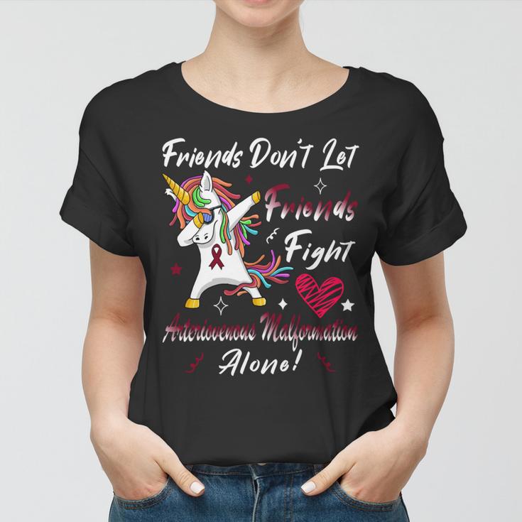 Friends Dont Let Friends Fight Arteriovenous Malformation Alone Unicorn Burgundy Ribbon Arteriovenous Malformation Support Arteriovenous Malformation Awareness Women T-shirt