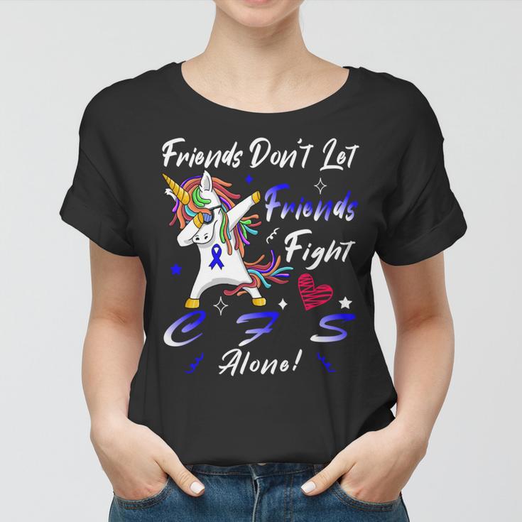 Friends Dont Let Friends Fight Chronic Fatigue Syndrome Cfs Alone Unicorn Blue Ribbon Chronic Fatigue Syndrome Support Cfs Awareness V2 Women T-shirt