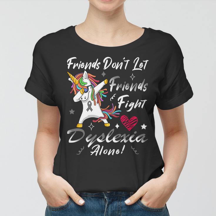 Friends Dont Let Friends Fight Dyslexia Alone Unicorn Grey Ribbon Dyslexia Dyslexia Awareness Women T-shirt