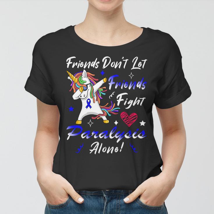 Friends Dont Let Friends Fight Paralysis Alone Unicorn Blue Ribbon Paralysis Paralysis Awareness Women T-shirt