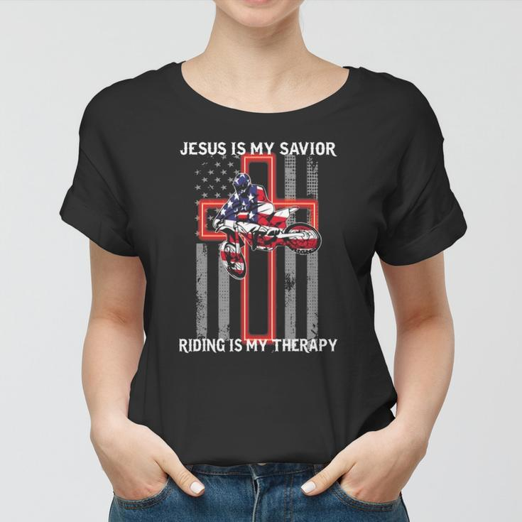 Jesus Is My Savior Riding Is My Therapy Us Flag Women T-shirt
