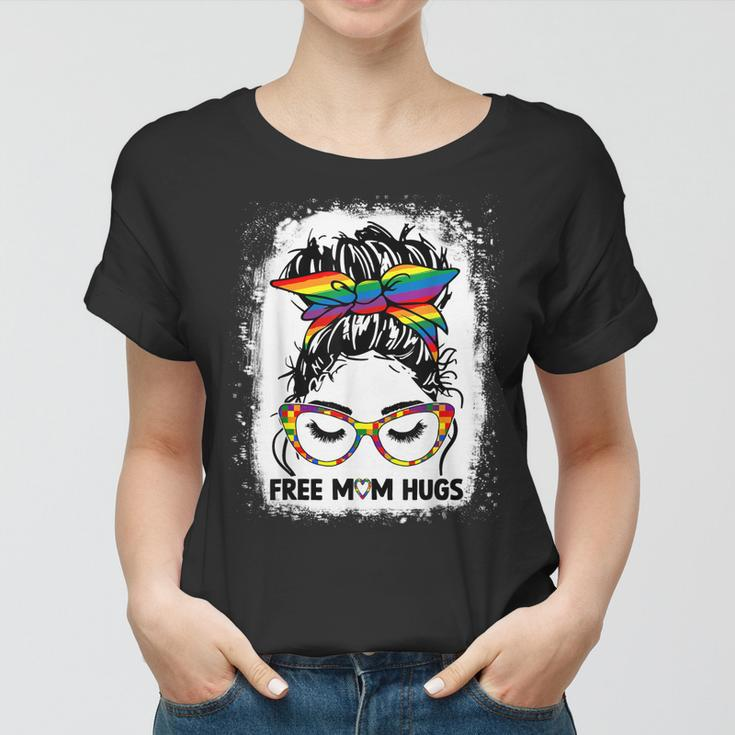 Womens Free Mom Hugs Messy Bun Lgbt Pride Rainbow V2 Women T-shirt