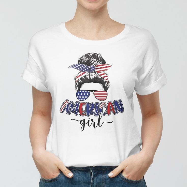 American Girl Messy Bun 4Th Of July Mom Usa Women Women T-shirt