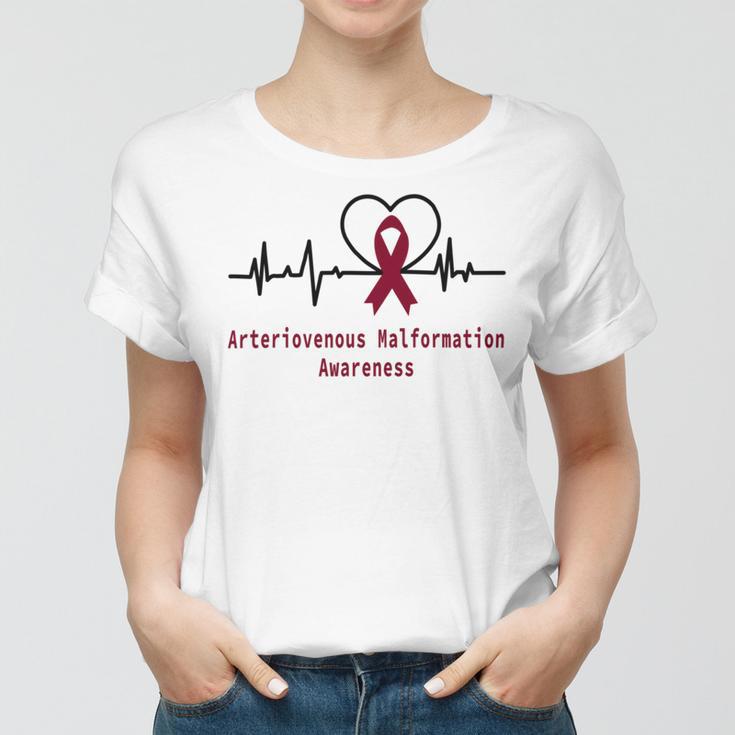 Arteriovenous Malformation Awareness Heartbeat Burgundy Ribbon Arteriovenous Malformation Support Arteriovenous Malformation Awareness Women T-shirt