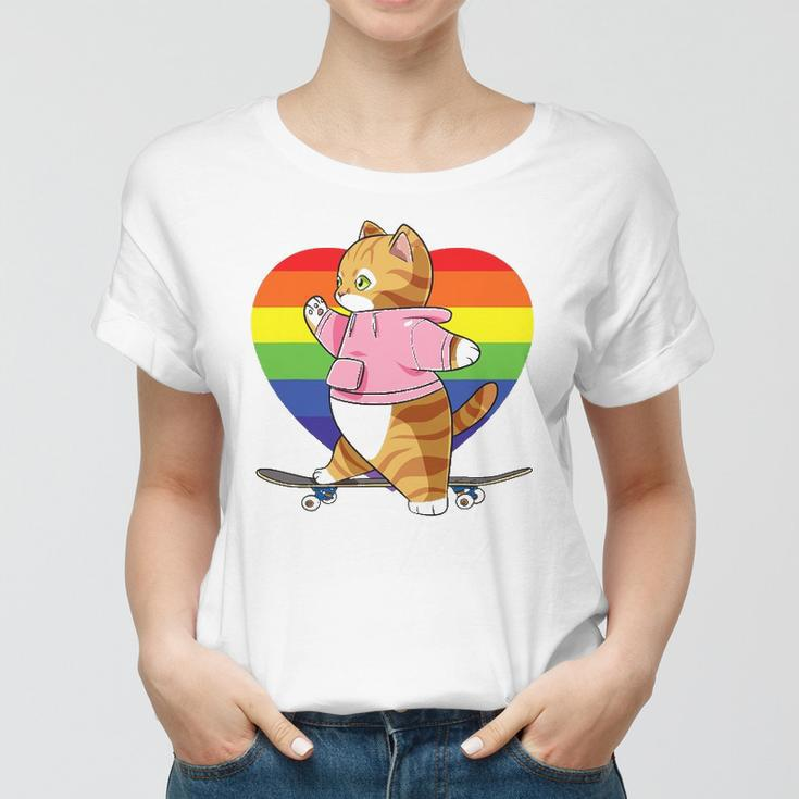 Cute Orange Tabby Cat Skateboarder Rainbow Heart Skater Women T-shirt