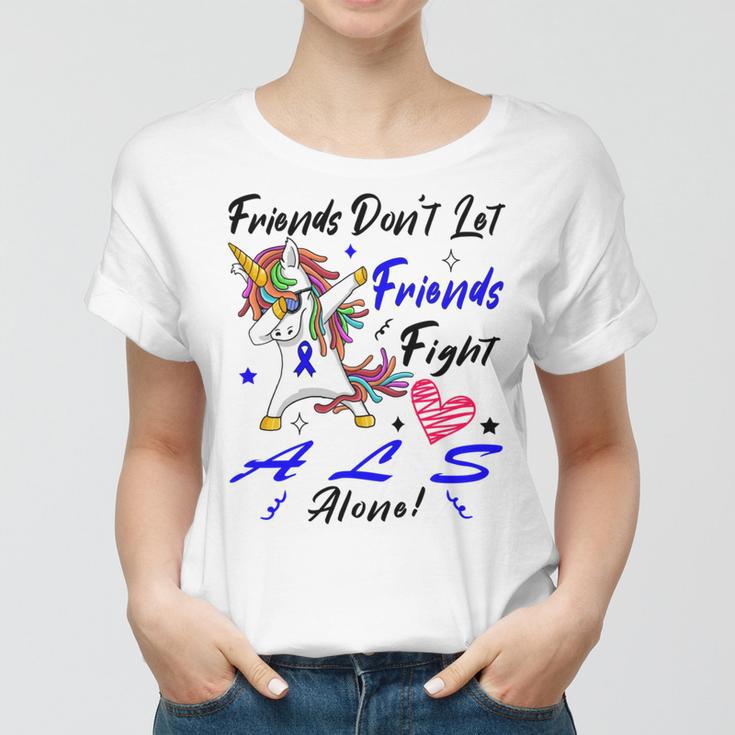 Friends Dont Let Friends Fight Als Alone Unicorn Blue Ribbon Amyotrophic Lateral Sclerosis Support Als Awareness Women T-shirt