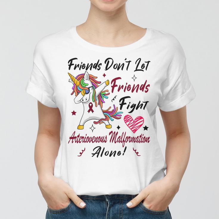 Friends Dont Let Friends Fight Arteriovenous Malformation Alone Unicorn Burgundy Ribbon Arteriovenous Malformation Support Arteriovenous Malformation Awareness Women T-shirt